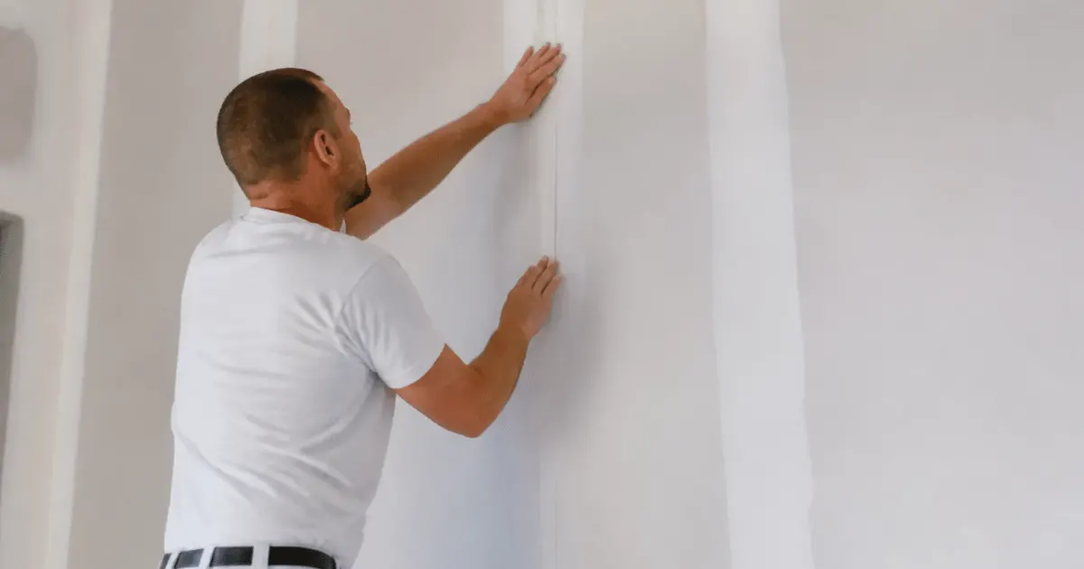 Ouvrier appliquant bandes de placo jointives sur mur blanc verticalement