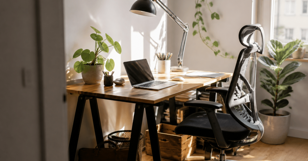 Bureau lumineux avec lampe, plantes vertes et chaise ergonomique