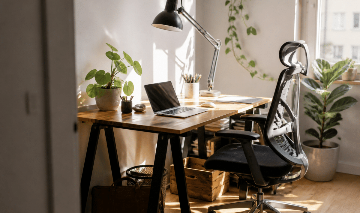 Bureau lumineux avec lampe, plantes vertes et chaise ergonomique