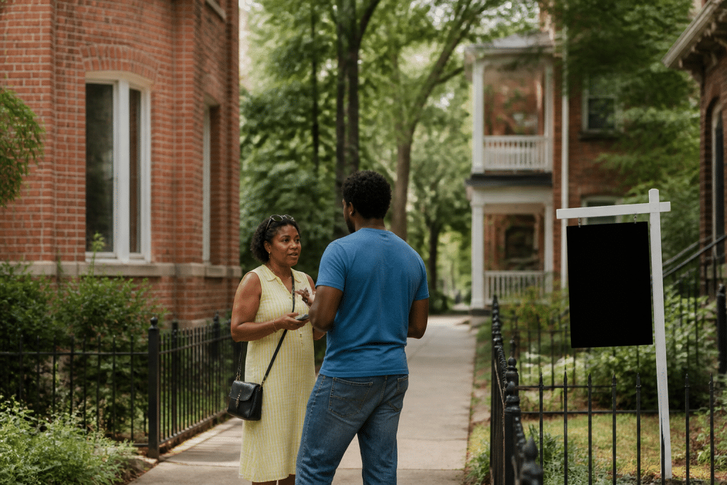 Maisons de quartier avec pancartes immobilières et habitants discutant