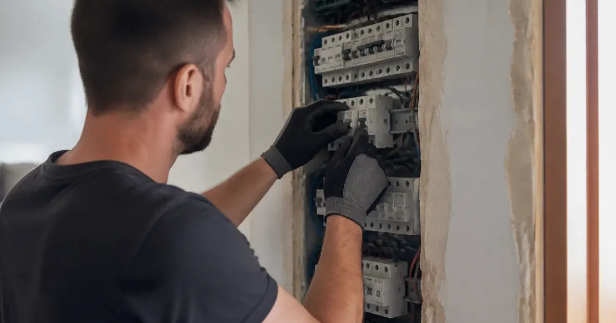 Electricien remplacant disjoncteurs dans panneau mural ouvert