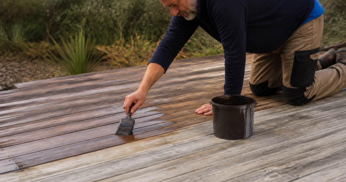 Personne appliquant produit protecteur sur planches bois horizontales