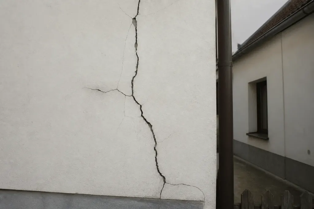 Fissure profonde traversant mur blanc sur plusieurs niveaux