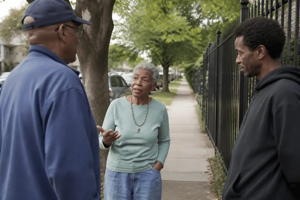 Residents discussing neighborhood safety near tree-lined street
