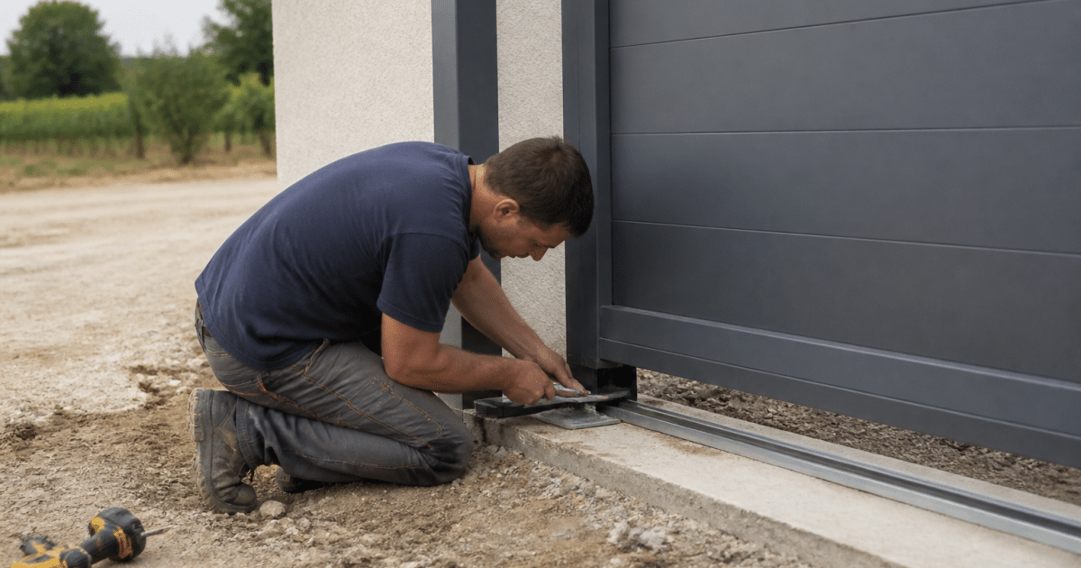 Homme installant portail métallique gris sur rails au sol
