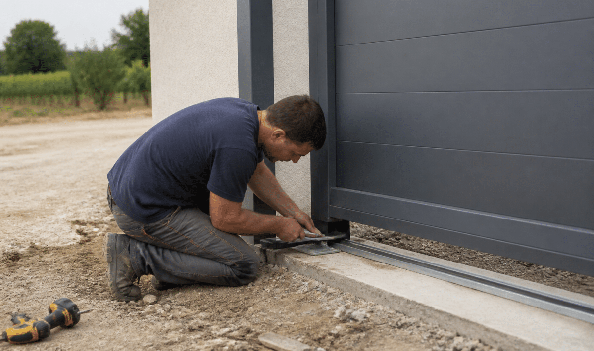 Homme installant portail métallique gris sur rails au sol