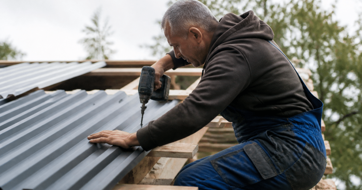 Ouvrier fixant panneaux metalliques ondules sur charpente bois inclinee