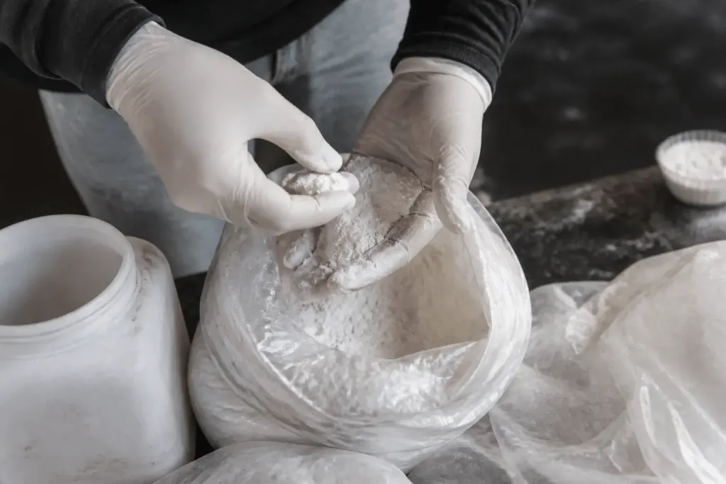 Mains gantees manipulant poudre blanche alcaline avec precaution