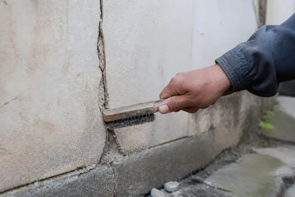 Mains nettoyant fissure murale avec brosse métallique