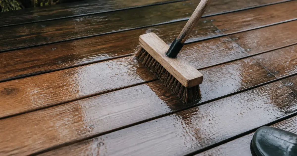 Brosse rectangulaire frottant planches bois humides terrasse exterieure