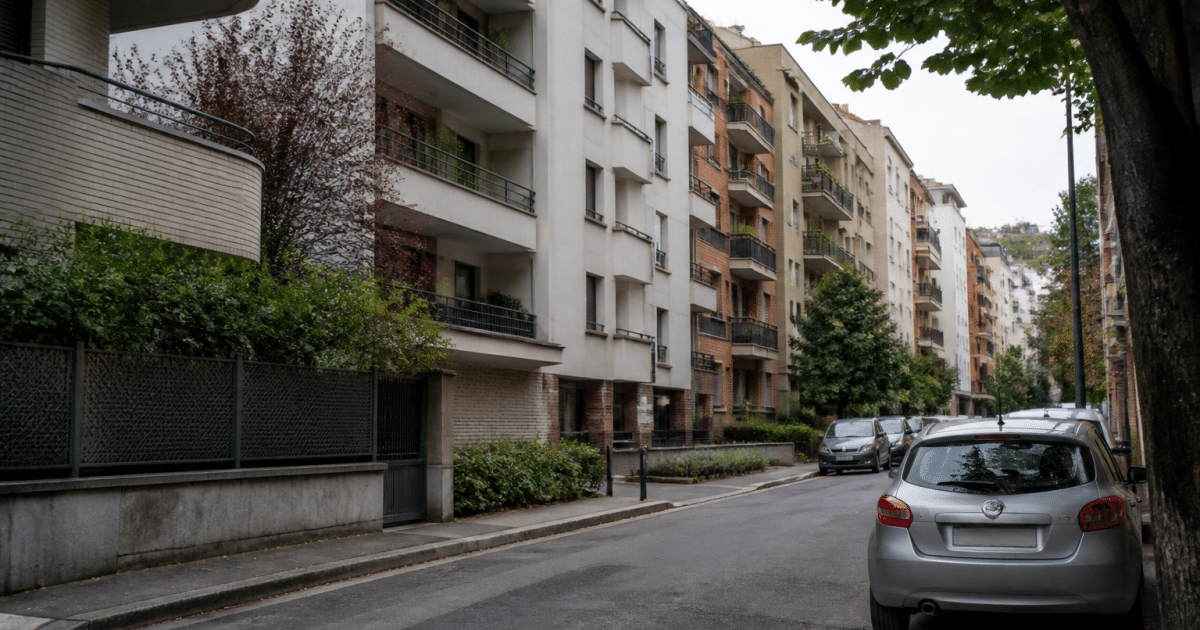 Rue urbaine avec immeubles résidentiels et panneaux routiers visibles