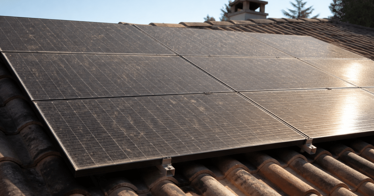 Panneau solaire incline sur toit exposant surface brillante weathered