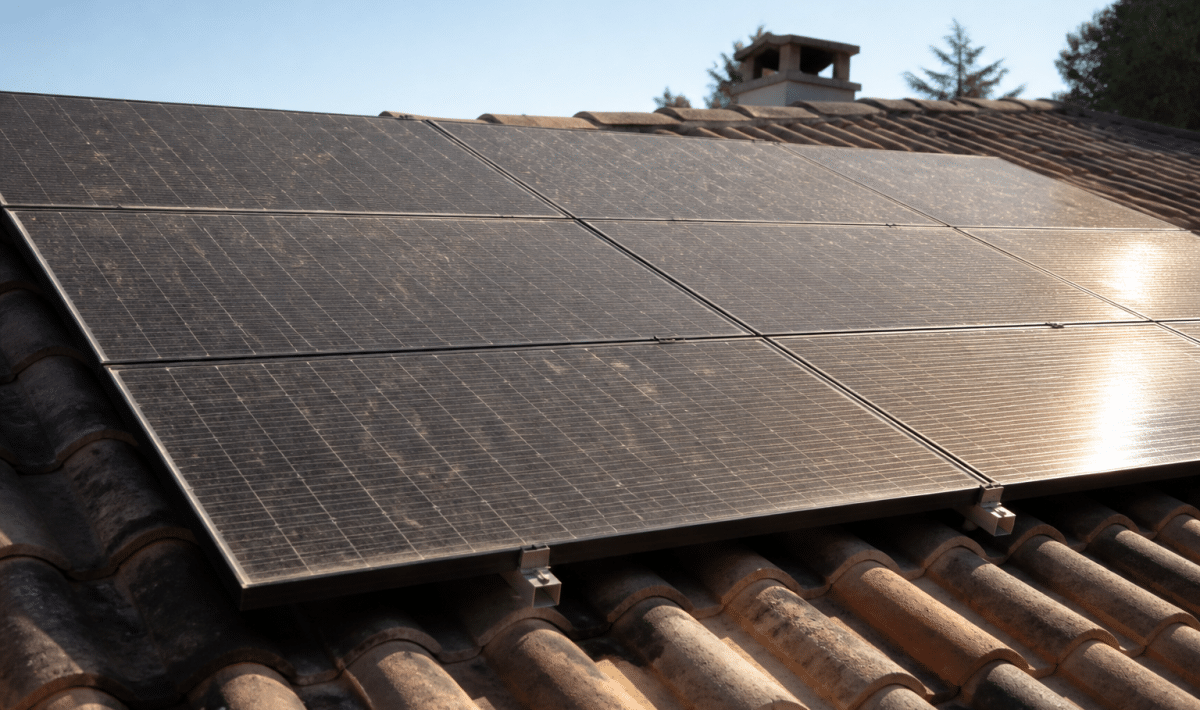 Panneau solaire incline sur toit exposant surface brillante weathered