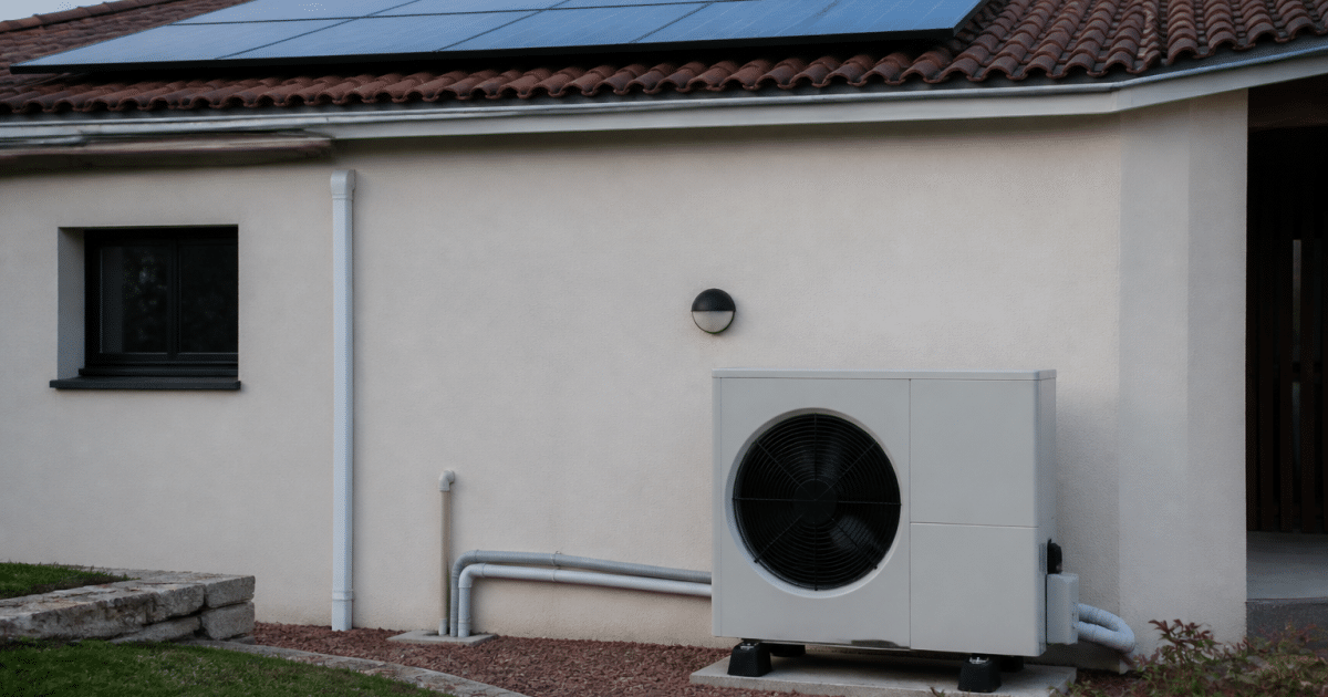 Panneau solaire bleu fixe sur toit avec pompe chaleur installee