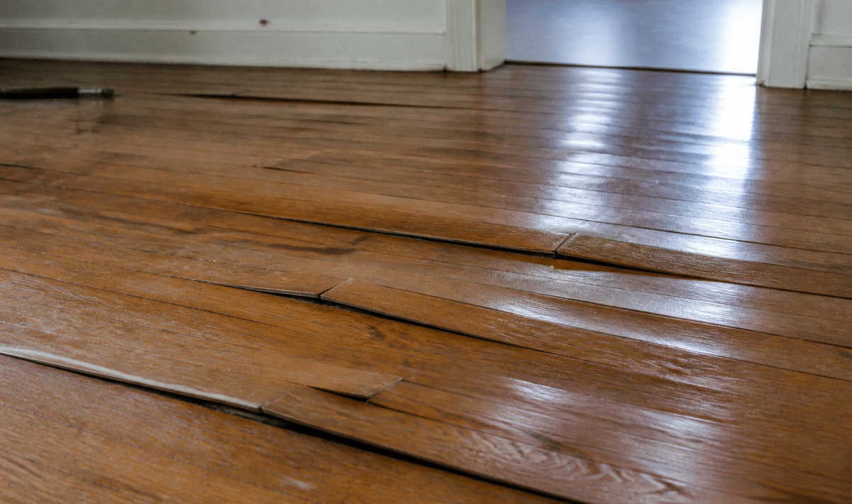 Plancher en bois gonfle et deforme par infiltration d'eau