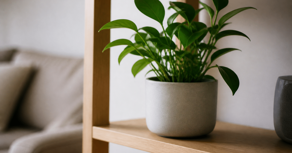 Potted green plant standing on wooden shelf indoors