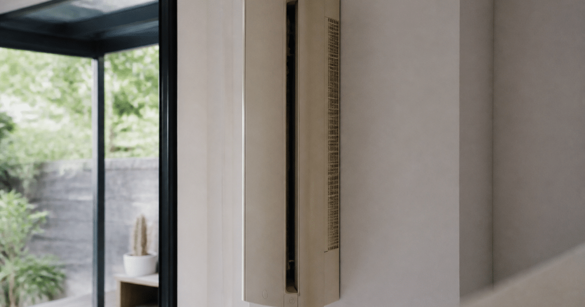 Unité intérieure murale beige installée verticalement sur cloison blanche