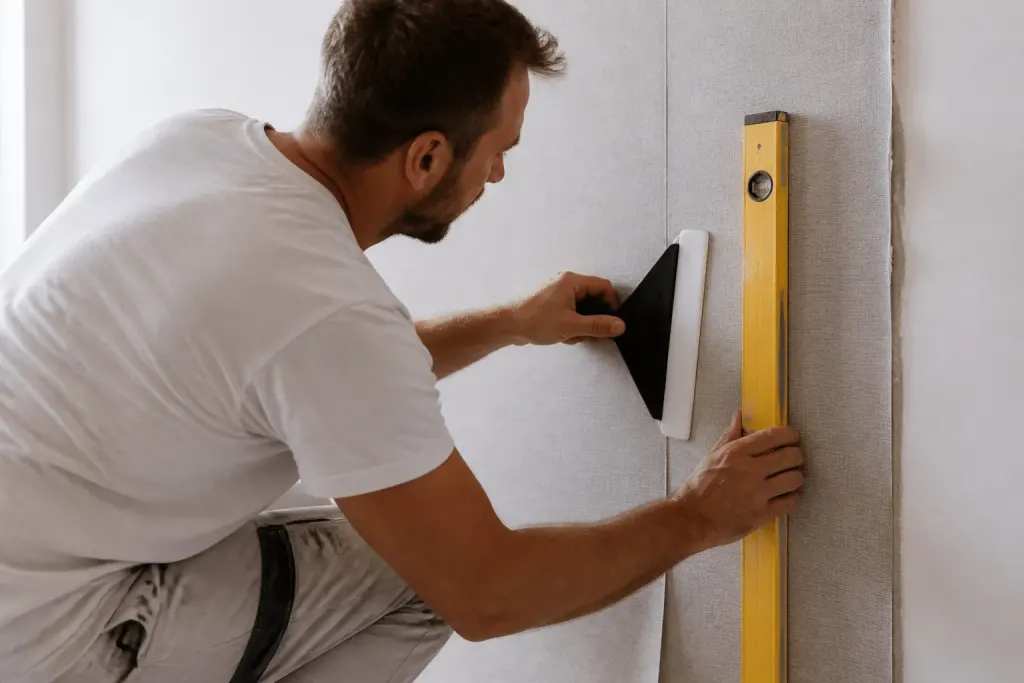 Mains appliquant papier peint avec spatule et niveau