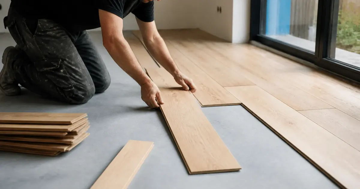Ouvrier posant planches bois sur sous-couche grise