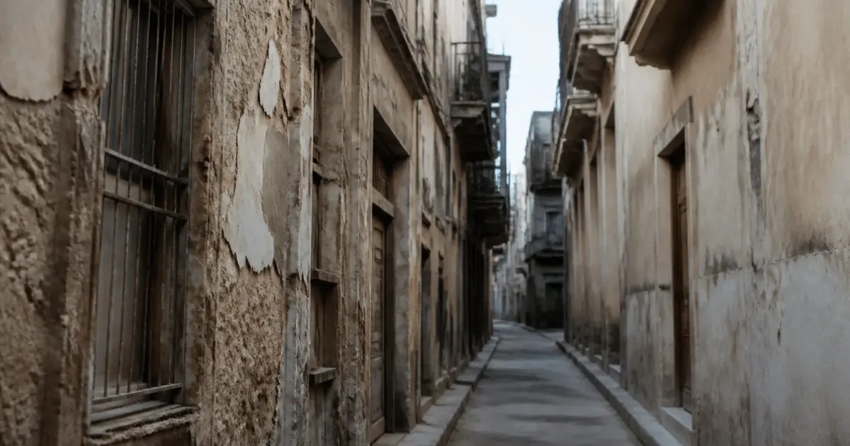 Rues etroites de ville avec immeubles delabres et facades usees