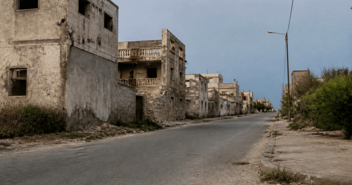 Rues desertes avec batiments delabres en banlieue cotiere