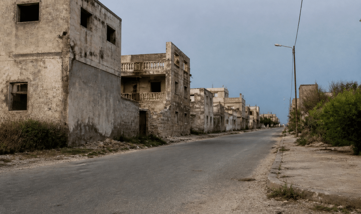 Rues desertes avec batiments delabres en banlieue cotiere