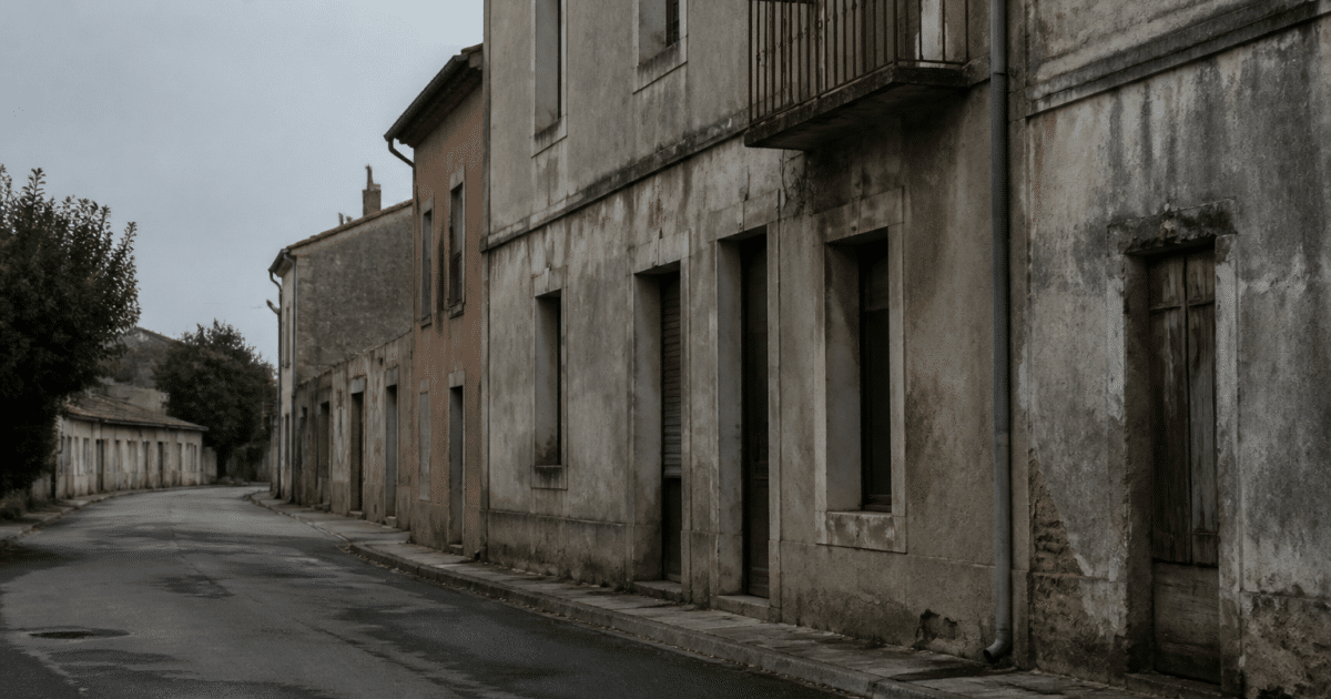 Rues desertes avec batiments delabres et facades grises en arriere-plan