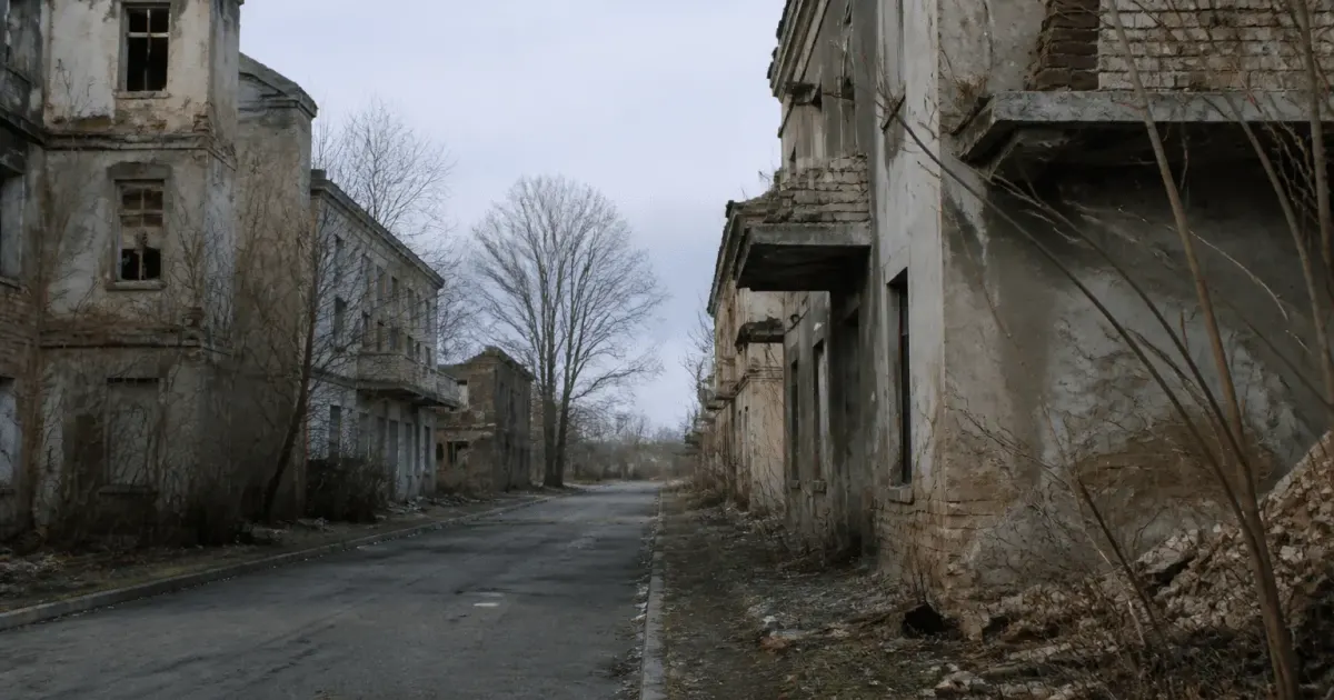Rue déserte avec immeubles dégradés et panneaux d'avertissement visibles