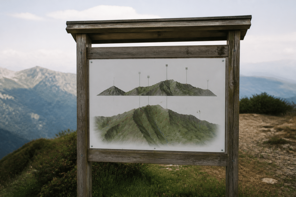 Panneau informatif montrant distances et dénivelés montagne