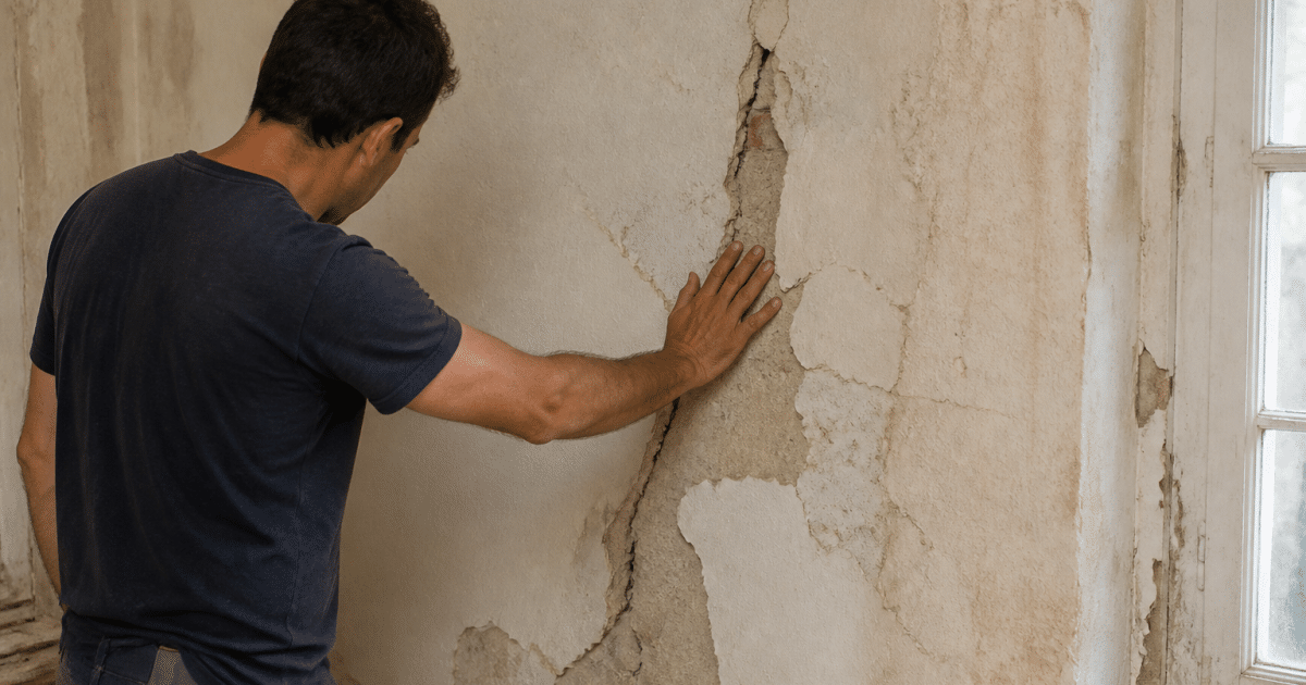 Ouvrier appuyant sur mur fissure maison ancienne renovation