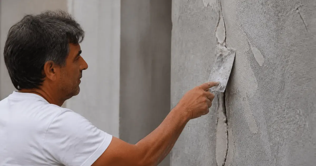 Ouvrier enduisant une fissure verticale sur facade beton avec spatule