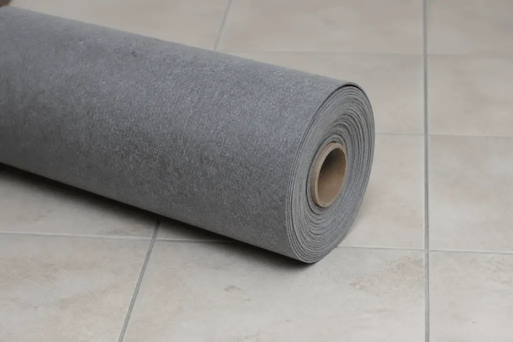Rouleau de sous-couche grise posé sur carrelage beige