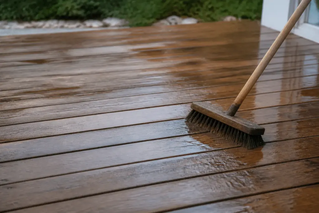 Terrasse bois nettoyée avec brosse et eau claire