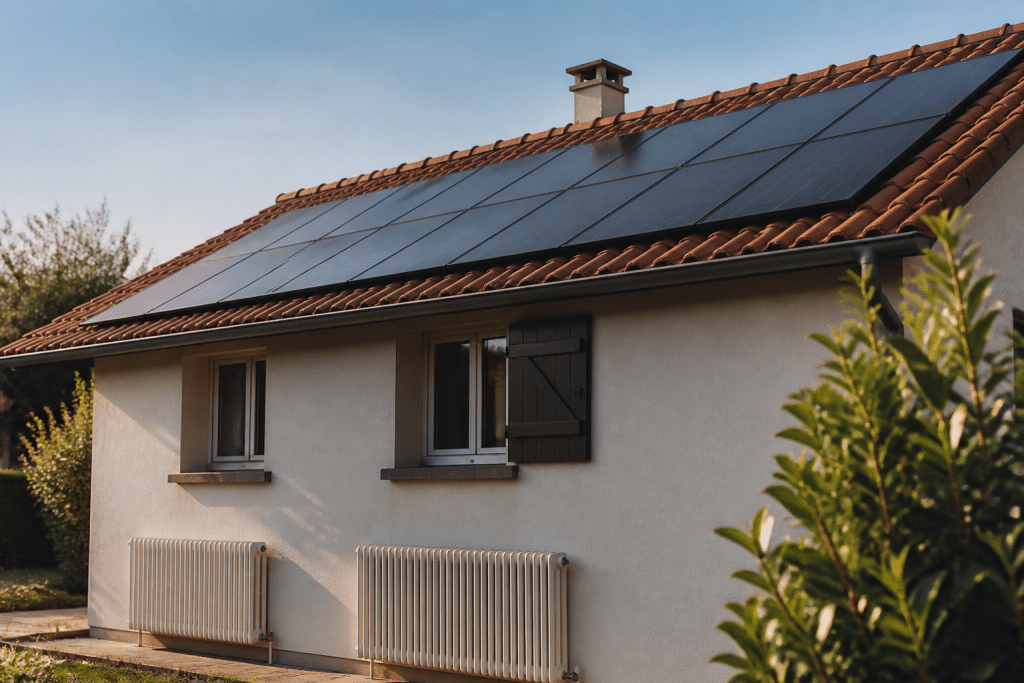 Toiture ensoleillee maison avec panneaux solaires et radiateurs